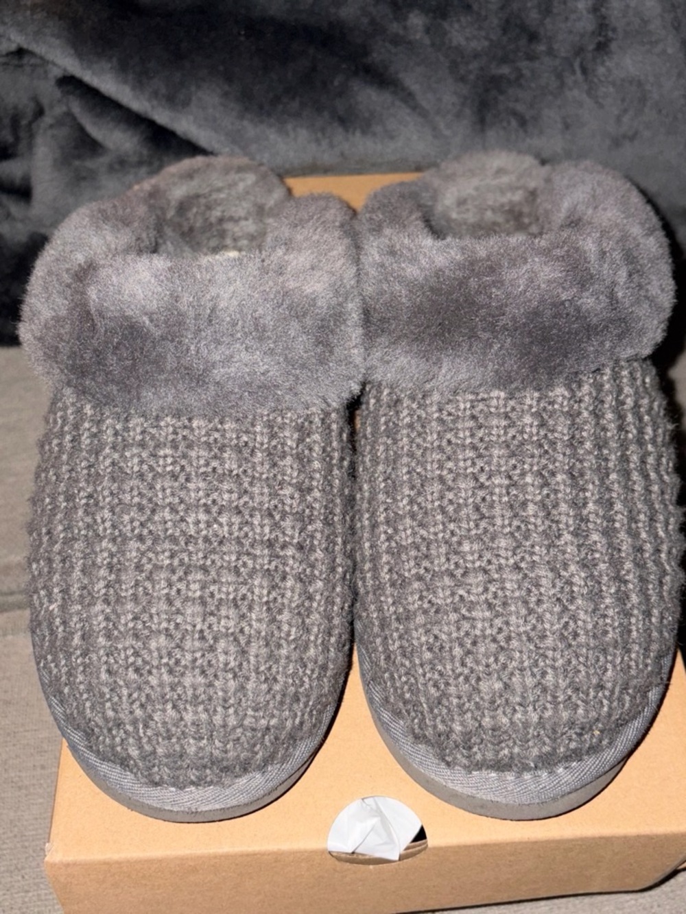 UGG Women's Charcoal Gray Knit Faux-Fur Cuff Slippers